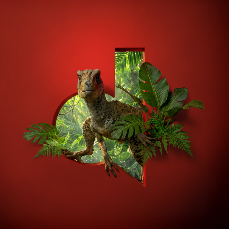 Ein Velociraptor im Dschungel vor einem roten Hintergrund