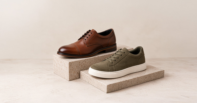 Zwei verschiedene Herrenschuhe, ein brauner Lederschuh und ein olivgrüner Sneaker mit weißer Sohle