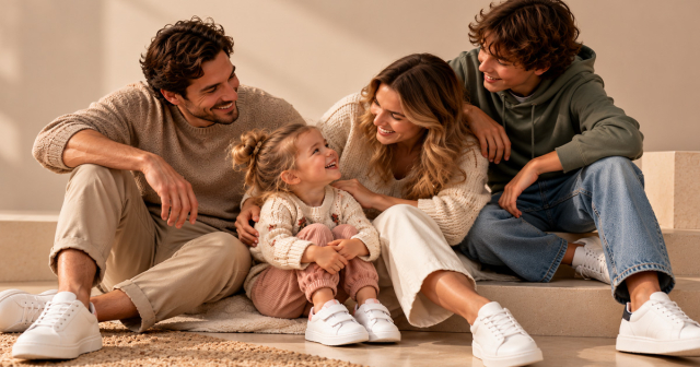 Familie in Strickpullovern, Jeans und Hoodie präsentiert lässige Mode