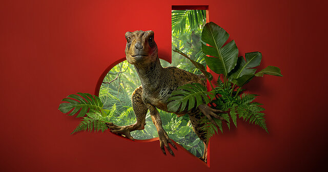Ein Velociraptor Dinosaurier schaut durch ein großes dodenhof d
