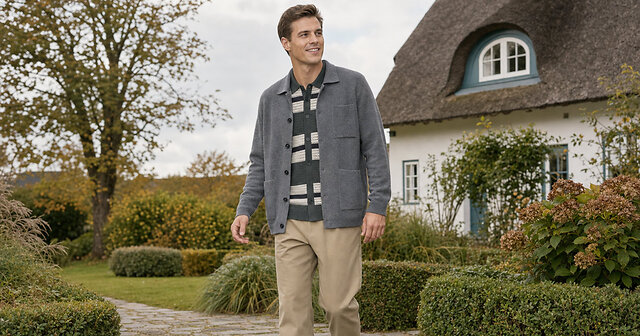 Mann mit Chinohose, gestreiftem Poloshirt und Strickjacke
