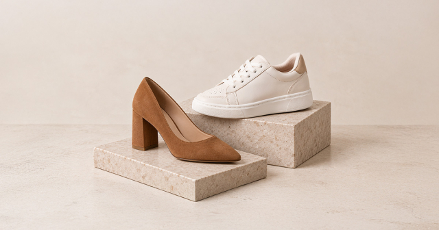 Ein weißer Sneaker und ein brauner Pumps nebeneinander