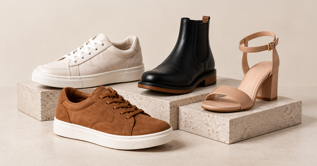 Schwarze Herren-Stiefelette, brauner und weißer Sneaker sowie eine beigefarbene Sandale